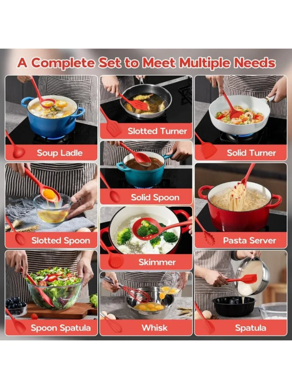 10-Piece Red Silicone Cooking Utensils Set | Non-Toxic, Heat-Resistant Kitchen